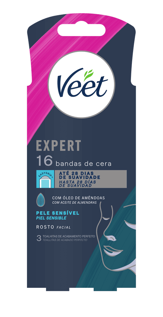 Veet Expert Bandas de Cera Depilatória Facial Peles Sensíveis 16un