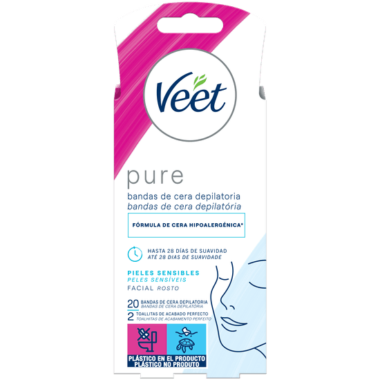 Bandas de Cera Depilatória Facial Veet Pure Peles Sensíveis 20un