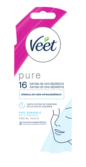Bandas de Cera Depilatória Facial Veet Pure Peles Sensíveis 16un